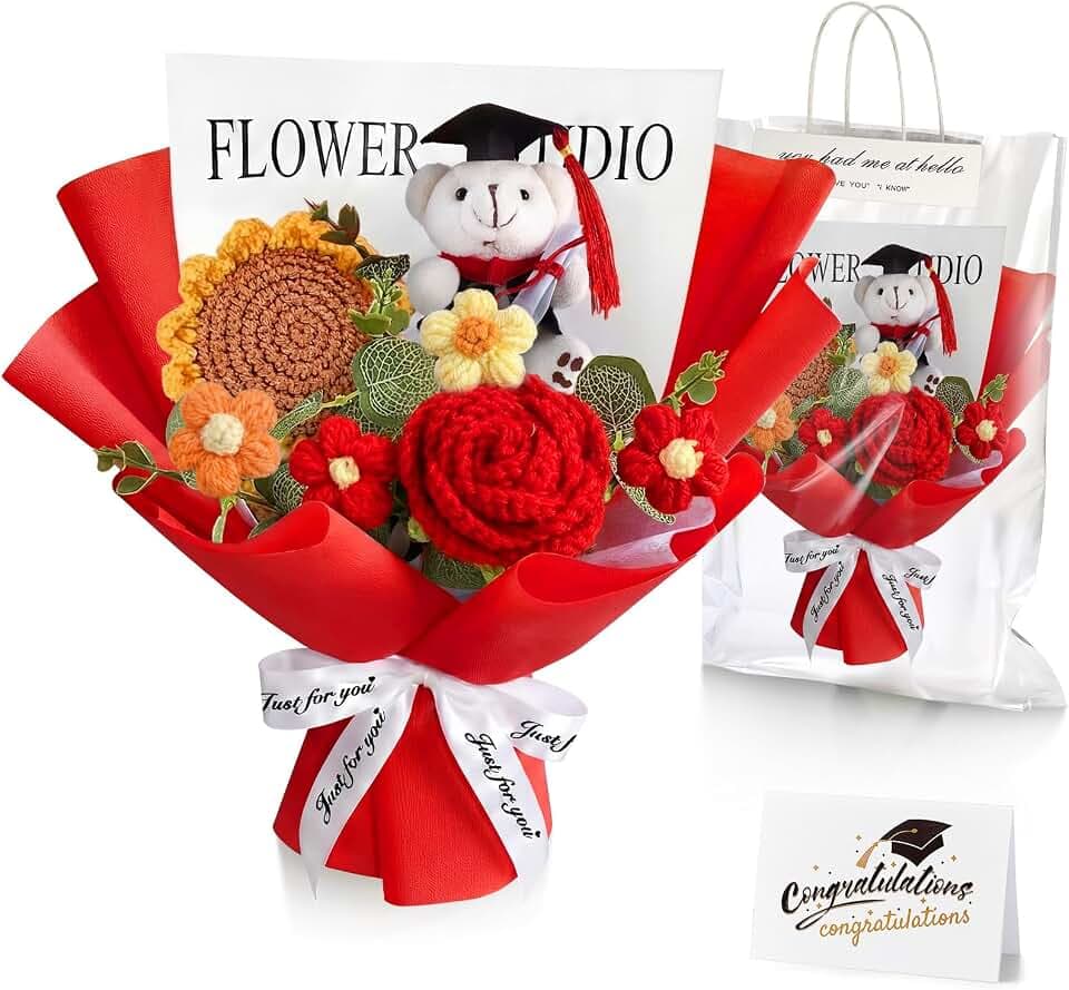 Giegxin 2026 Graduation Bear Crochet Flower Bouquet Set Includes Knitted Flower Bouquet Greeting Card Gift Bag for Graduation Flowers Party Supplies(Red)