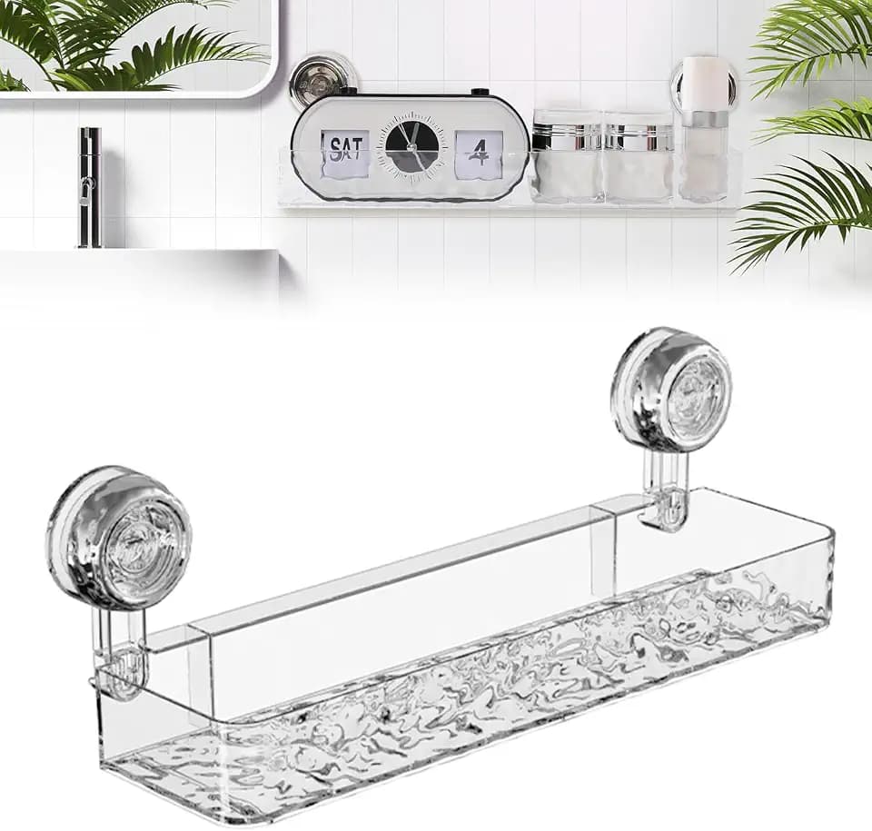 Corrugated Suction Cup Storage Holder,Movable Shower Shelf Suction Cup,Shower Caddy Large Organizer Bathroom,No-Drill Wall Mounted Bathroom Storage Rack Shelf(White)