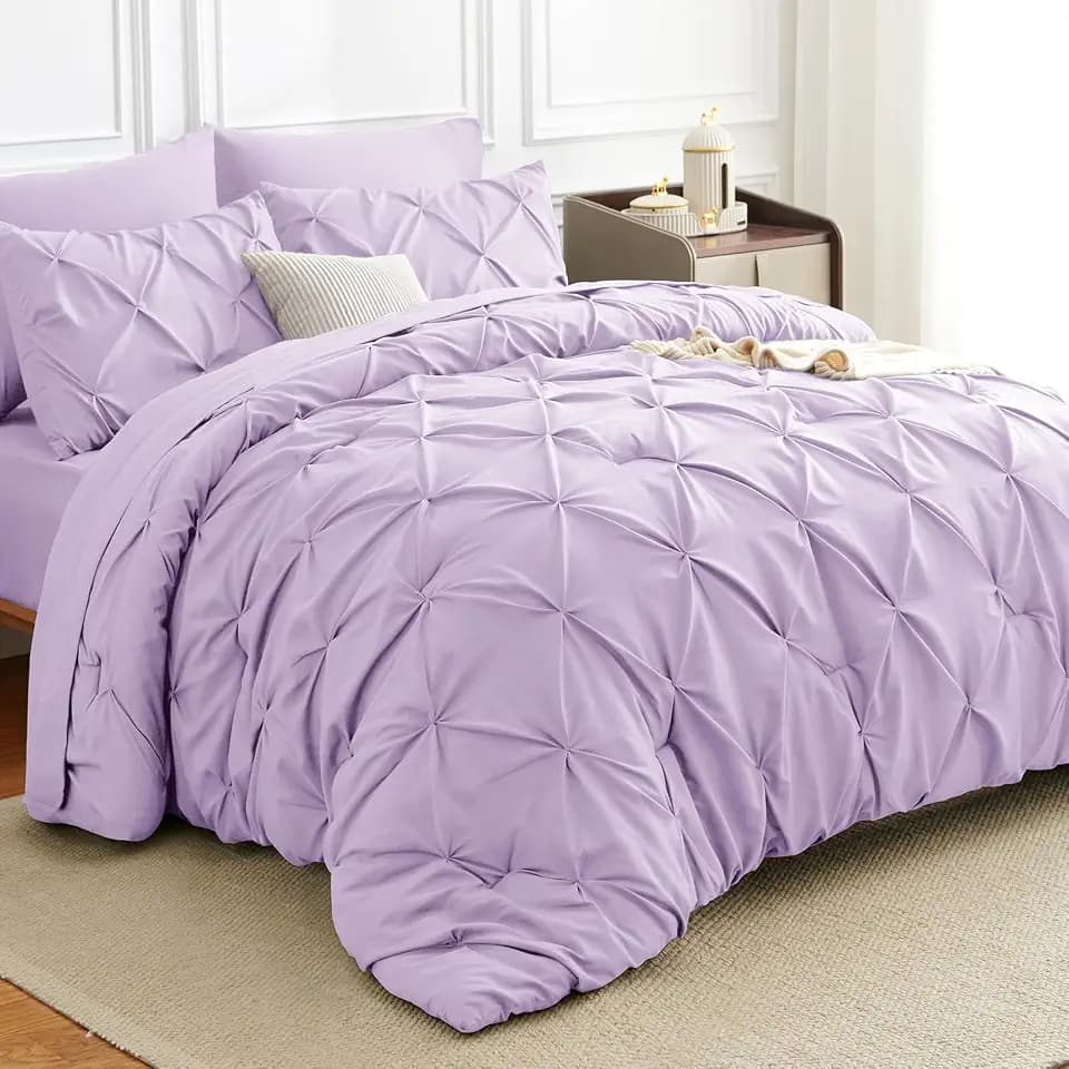 HIMEET Full Size Comforter Set Lavender - 7 Pieces Pintuck Bed in a Bag
