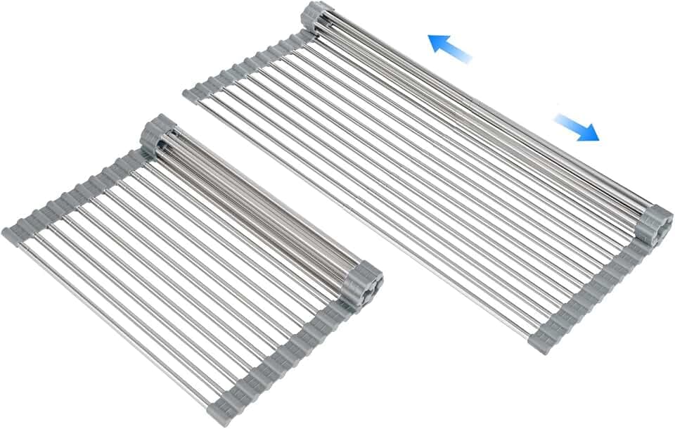 Large Expandable Roll Up Dish Drying Rack, Heat-Resistant Dish Drainer for Stainless Steel Sinks, Over The Sink Non-Slip Silicone Rollable Dish Drainer Roll Rack 18 Tube Gray 21.25''x12.79''