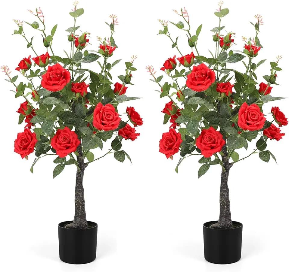 Romantic season 2Pack Artificial Rose Flower Trees, 42Inch Red Faux Rose Tree with Green Leaves for Living Room Office Home Outdoor Indoor Decor