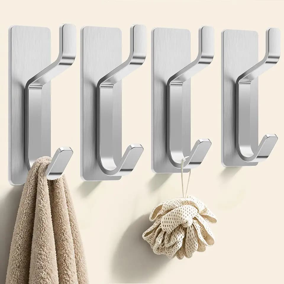 Bntuk Adhesive Towel Hooks for Bathroom, 4 Pack Stainless Steel Wall Hooks No Drill, Heavy Duty Stick On Hooks Hold 11lb for Coat, Towel, Keys, Waterproof Rustproof Shower Hooks for Inside Shower
