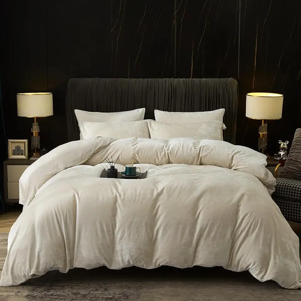 PHF Luxury Velvet Duvet Cover Set Queen Size, 3pcs 90" x 90", Sand