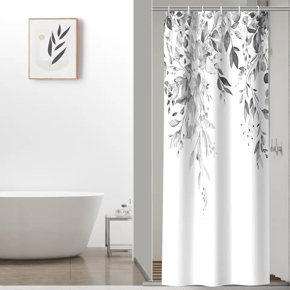 Colorful Star Grey Eucalyptus Floral Shower Curtain with Hooks, 36"W x 72"L