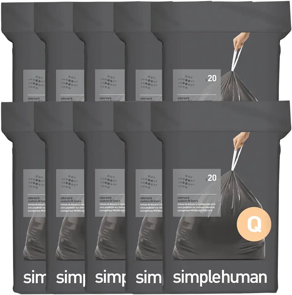simplehuman Code Q 200 Count Odorsorb® Custom Fit Liners, Drawstring Odor Absorbing Trash Bags, One-by-One Mess-Free Dispense, Extra Thick & Double Seamed, 50% PCR Plastic, 50-65 Liter / 13-17 Gallon