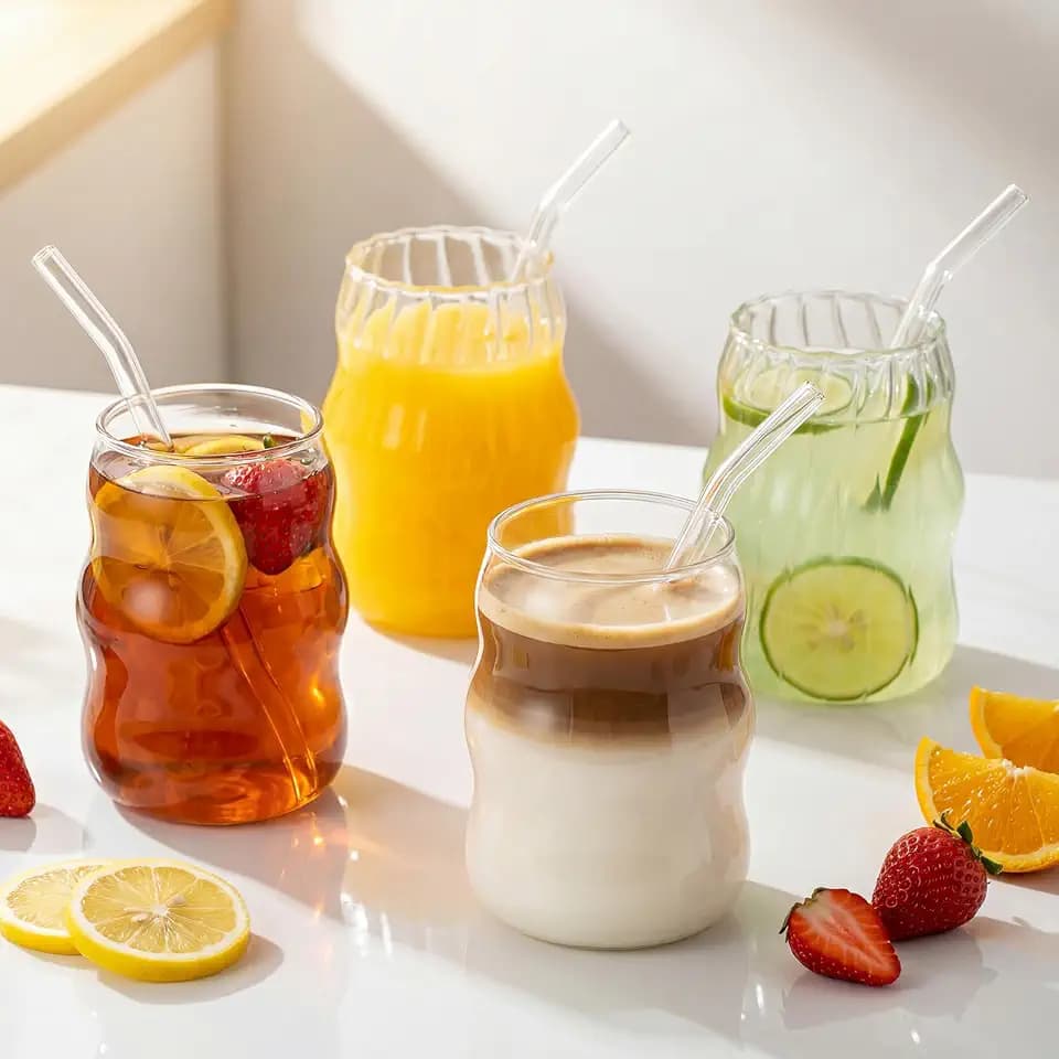 8 Pcs Ribbed Glass Cups 18 oz Vintage Aesthetic Iced Coffee Glasses with Glass Straws Bubble Cup Wavy Textured Drinking Glassware for Beverage Tea Juice Cocktails