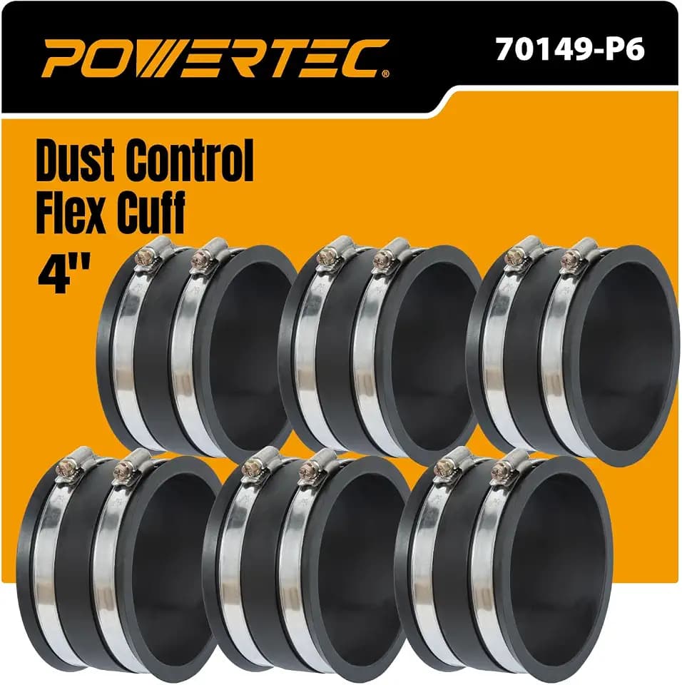 POWERTEC 70149-P6 4 Inch Dust Control Flex Cuff with Steel Hose Clamps, Hose Connector Rubber Cuff Coupler For Woodworking Dust Collection Fittings, Dust Collector Accessories & Machinery, 6 pack