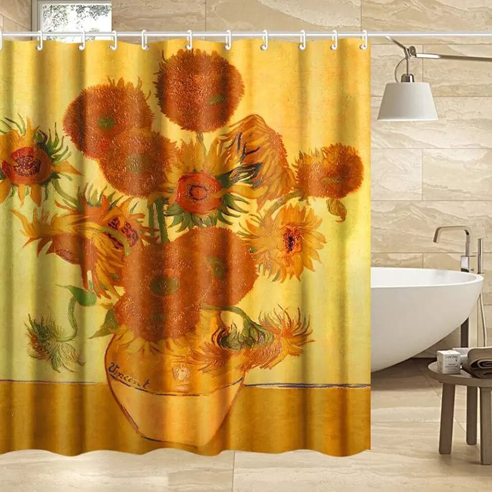 INVIN ART Extra Long Bathroom Shower Curtain Set with Hooks,Sunflowers by Van Gogh,Home Art Paintings Pictures for Bathroom