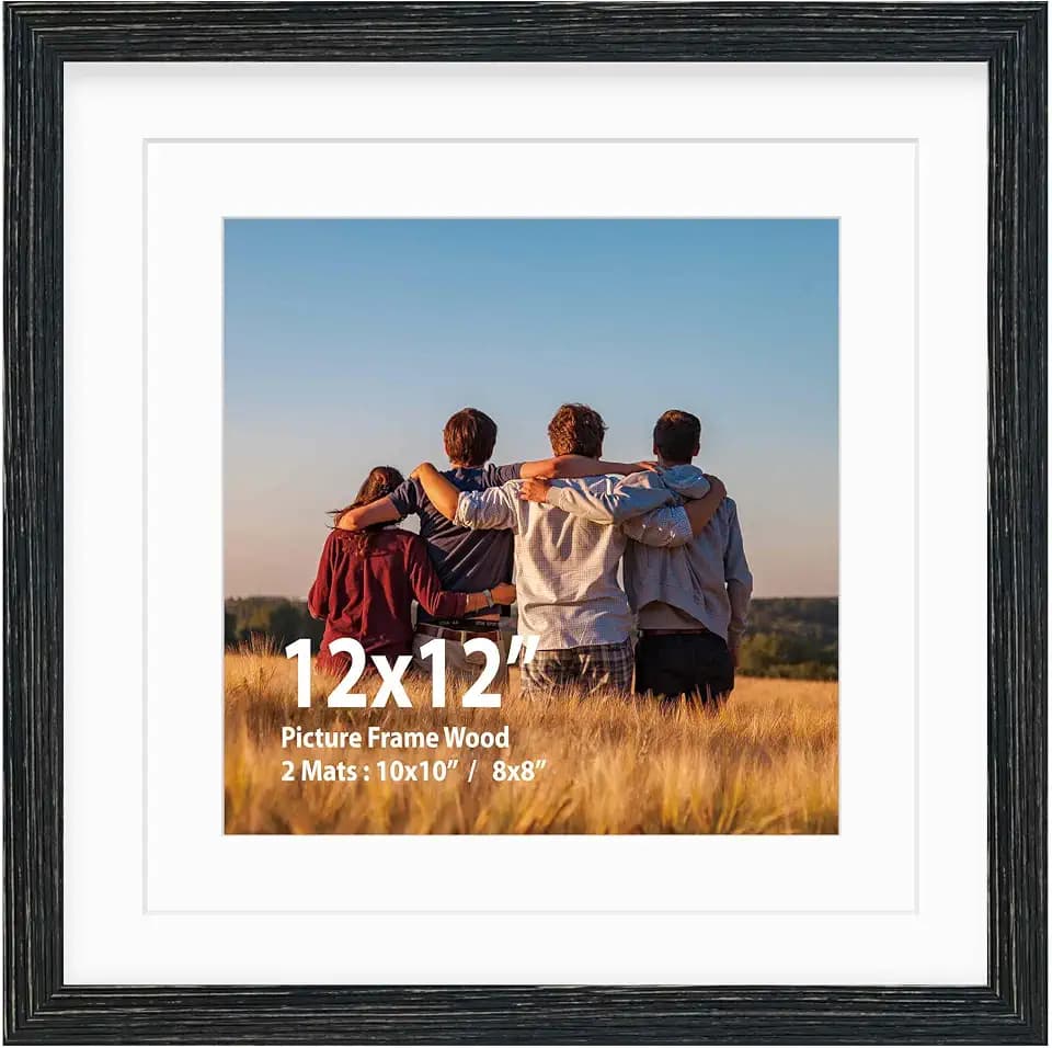 12x12 Frame,Solid Wood,Display Pictures 8x8,10x10 with Mat or 12x12 Without Mat,Square Picture Frame for Wall Mounting or Tabletop (Black,Single)