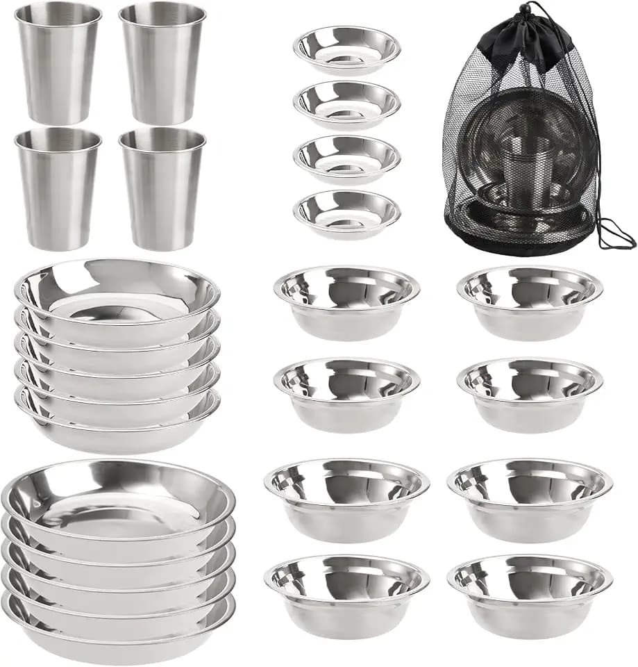 TOPZEA Set of 26 Stainless Steel Camping Plates and Bowls, Camping Mess Kits Camping Dish Set Tableware Includes Plates, Bowl, Cups, Stainless Steel Dinnerware for Camping, Hiking, Travel, Picnic