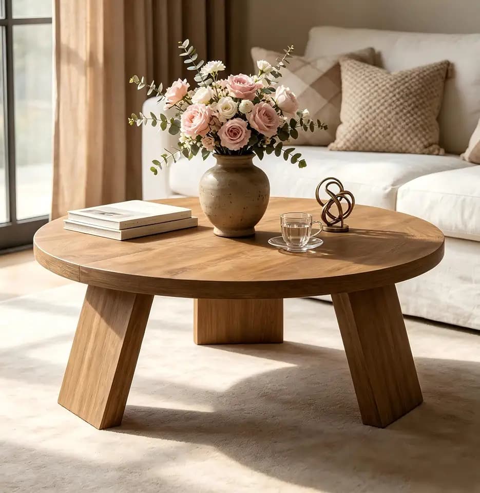 Garvee 33.5" Round Light Brown Coffee Table for Living Room