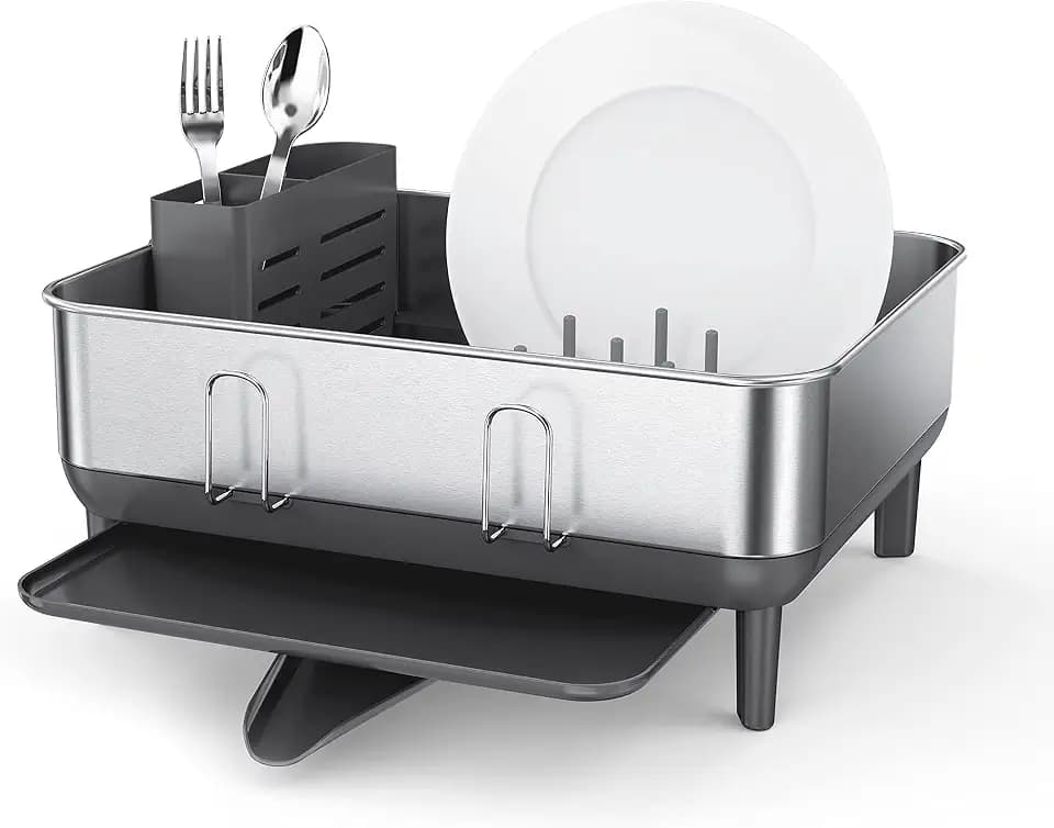 simplehuman Steel Frame Dishrack, Compact Dish Drying Rack for Small Kitchens, 360º Easy Drain Swivel Spout, Anti-Residue Coating, Moisture Control Surface, Brushed Stainless Steel