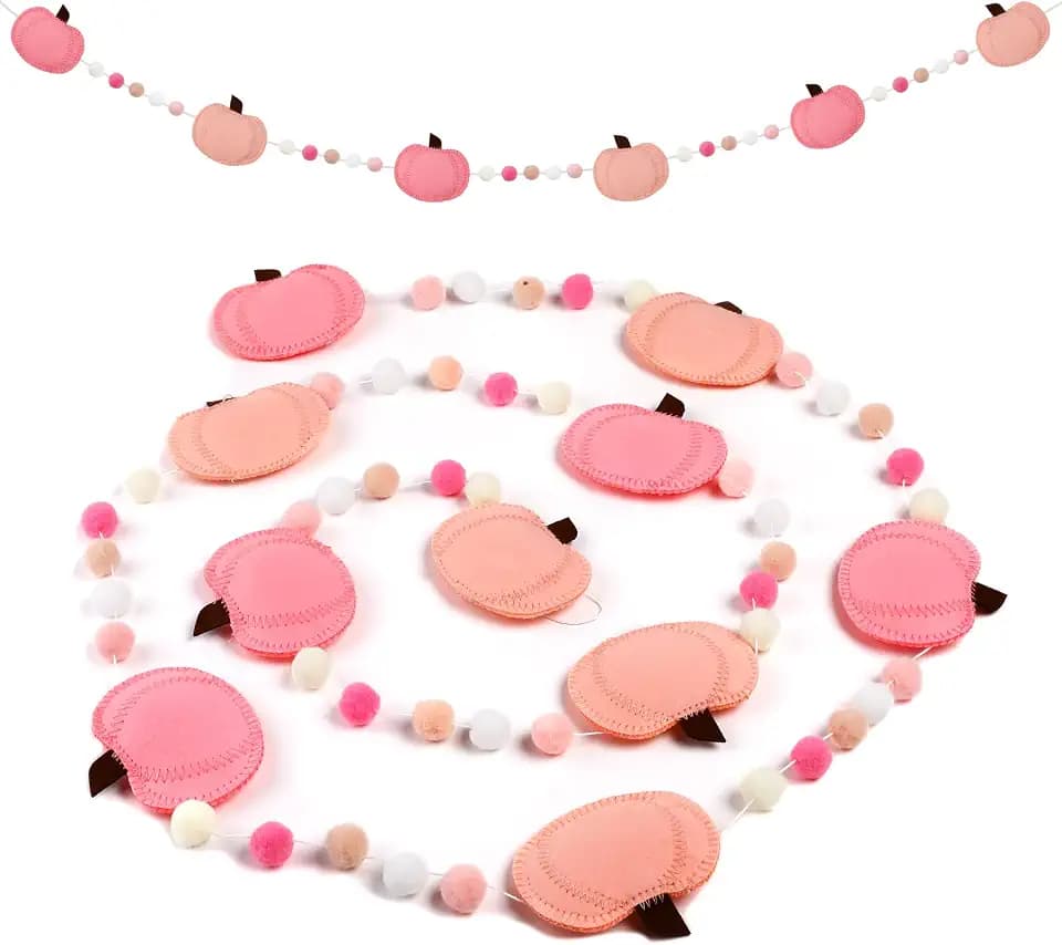 8.6FT Felt Pumpkin Garland Fall Pom Pom Banner Decorations, Pre-Assembled Bunting Banner for Thanksgving Decorations Indoor, Pumpkin Banner for Mantle Wall Decor(Pink)