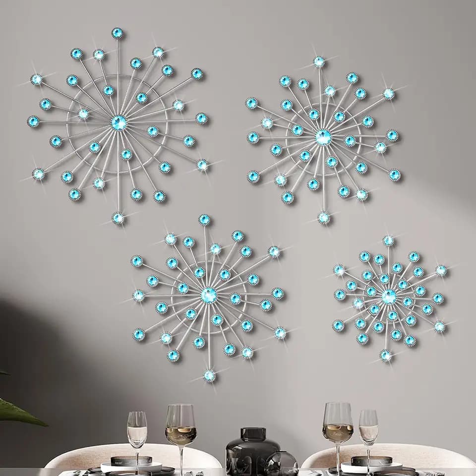 Blulu 4 Pcs Blue Wall Decor, Bling Crystal Starburst Metal Wall Art