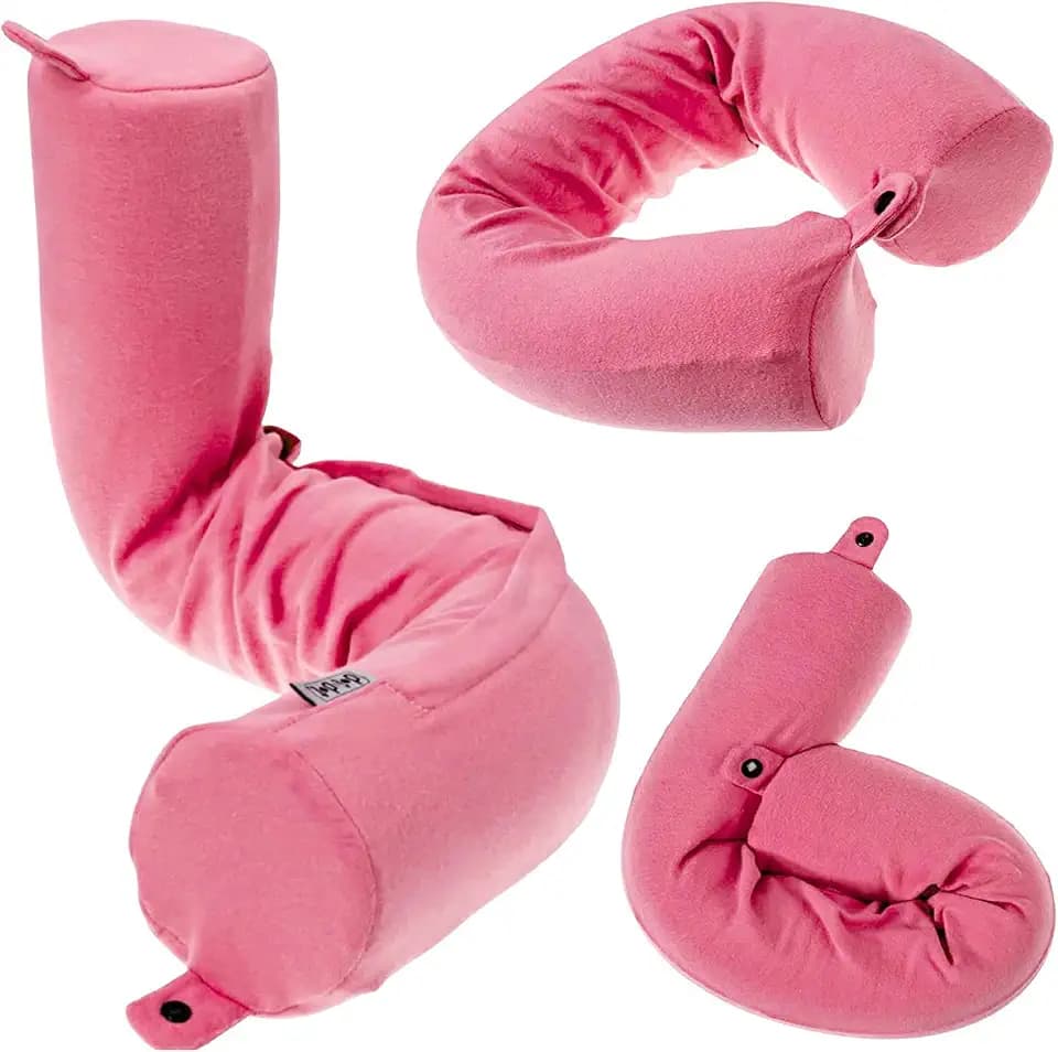 Dot&Dot Twist Memory Foam Travel Pillow, Bendable Neck Pillow for Airplane, Car and Home, 26-Inch Adjustable Roll with Washable Cotton Cover, Pink