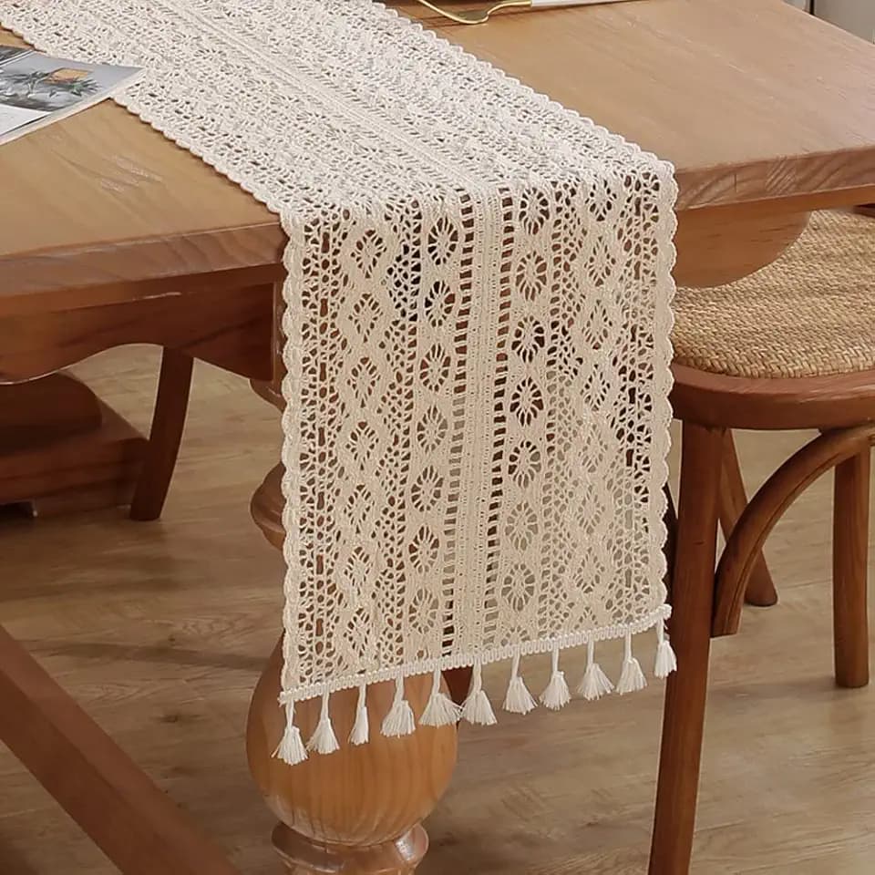 meioro Crochet Lace Table Runner, 12x94 Inch Boho Cotton Table Runners with Tassels, Rustic Farmhouse Table Decoration 94 Inches Long, Mesh Woven Table Decor for Bridal Shower Party Wedding(Style C)