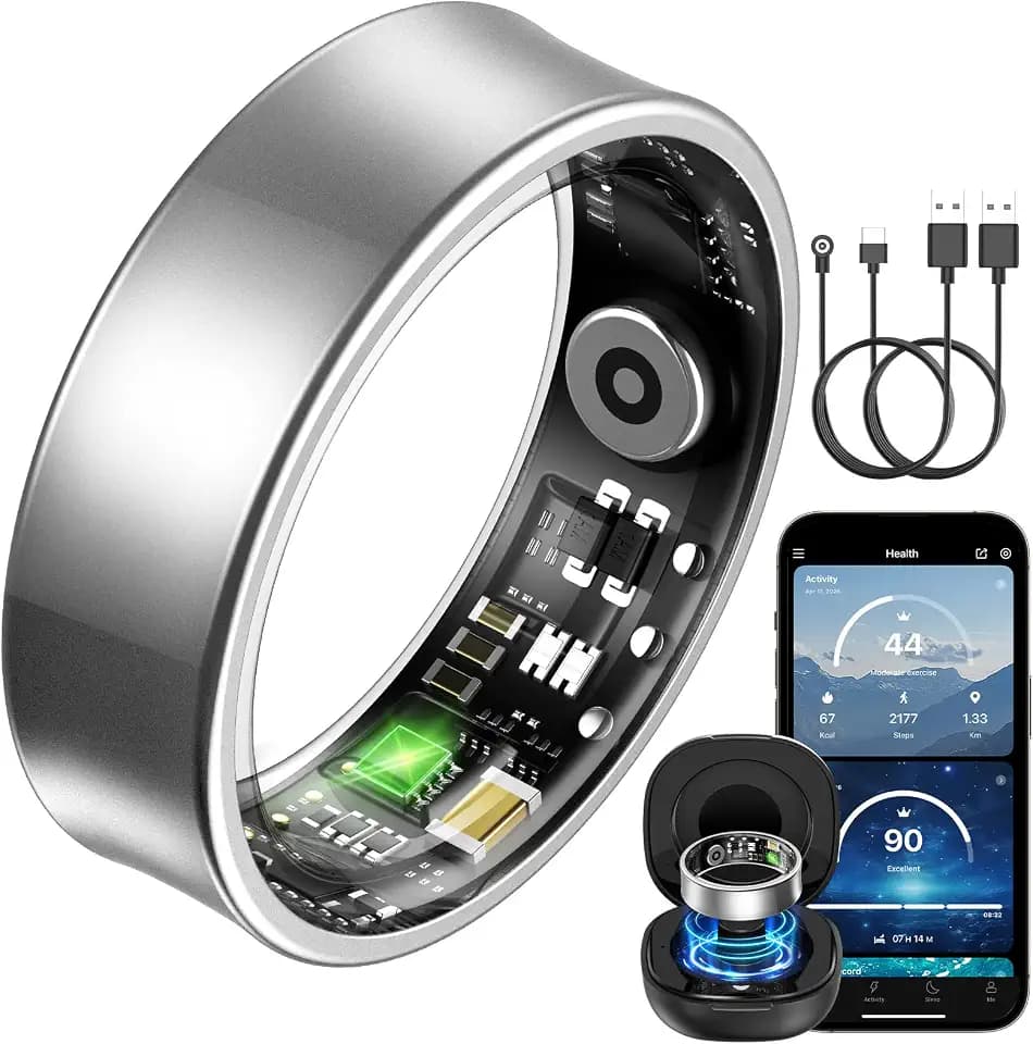 Smart Watch Ring für Herren Damen, Fitness Ring mit 24/7 Herzfrequenz HRV, SpO2 Schlaf Temp, 176 Sportmodi, IP68 Wasserdicht Smartring, APP kein ABO, für Android und iOS (Silber, 65.4mm(11))