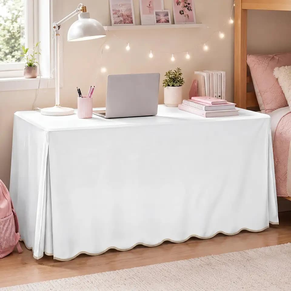 Ruffled Split Desk Skirt Cover, Khaki Scallop Table Skirt, 48 x 24 Inch