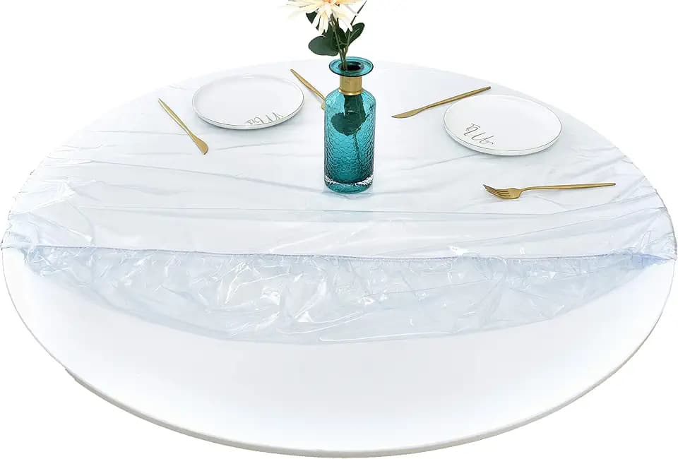 Rally Home Goods Indoor Outdoor Heavy Duty Premium Clear Transparent Round Fitted Vinyl Tablecloth, Elastic Edge, Waterproof Wipeable, Fine Table Plastic Protector of 57-65 Inch Diam (60'')