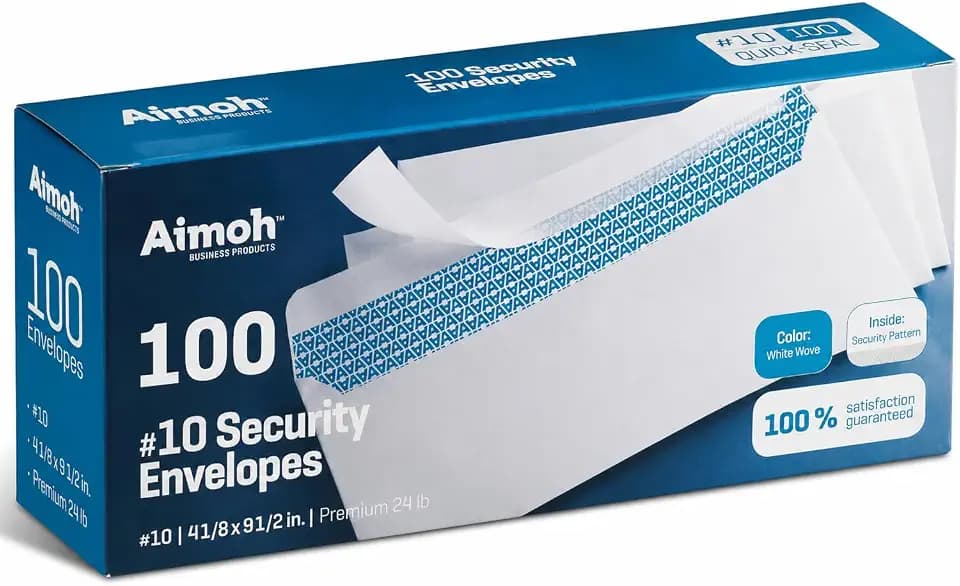 Aimoh #10 Security Mailing Envelopes Letter Size, Self Seal, 100 Count
