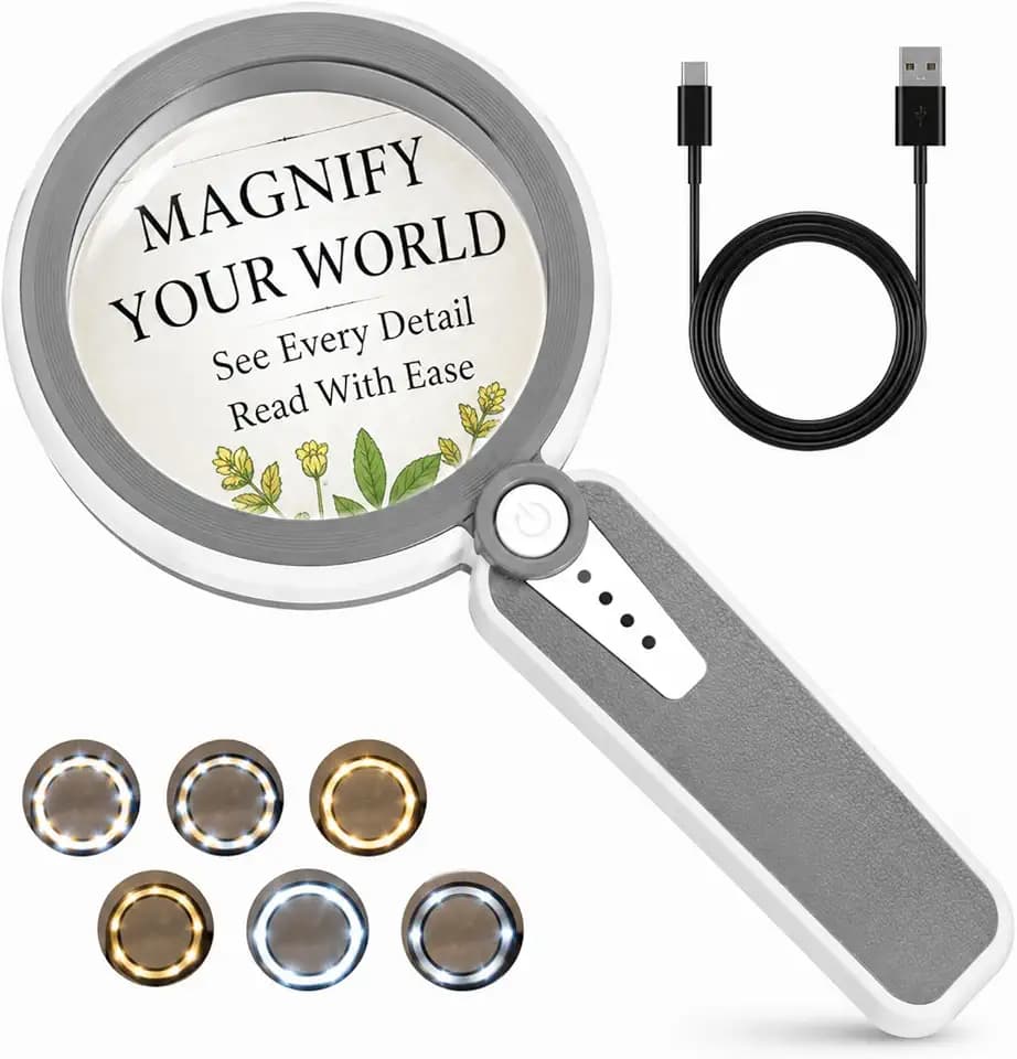 45X Magnifying Glass with Light, 4.6" Rechargeable Handheld Magnifier