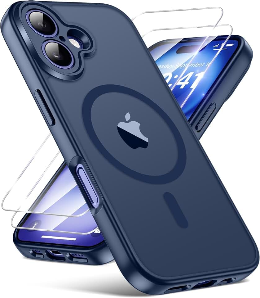 FLLAO 3-in-1 Magnetische Hülle für iPhone 16 mit 2 HD Schutzfolien, Kompatibel mit Mag Safe, Vollständiger Kameraschutz, Stoßfeste & Kratzfeste - Dünne Durchscheinende Matte Handyhülle, Blau
