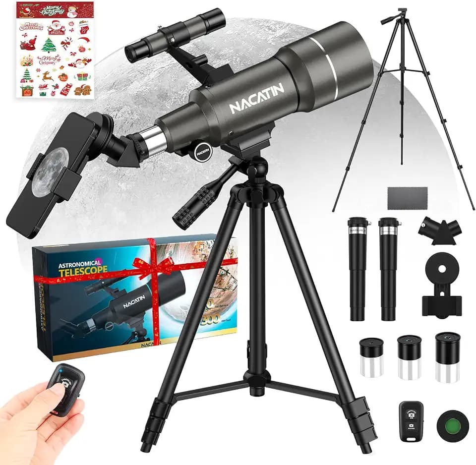 Teleskop für Kinder & Einsteiger, NACATIN 70mm Öffnung Astronomisches Refraktor Teleskop mit Stativ, Handy-Adapter, Fernbedienung (Grau)