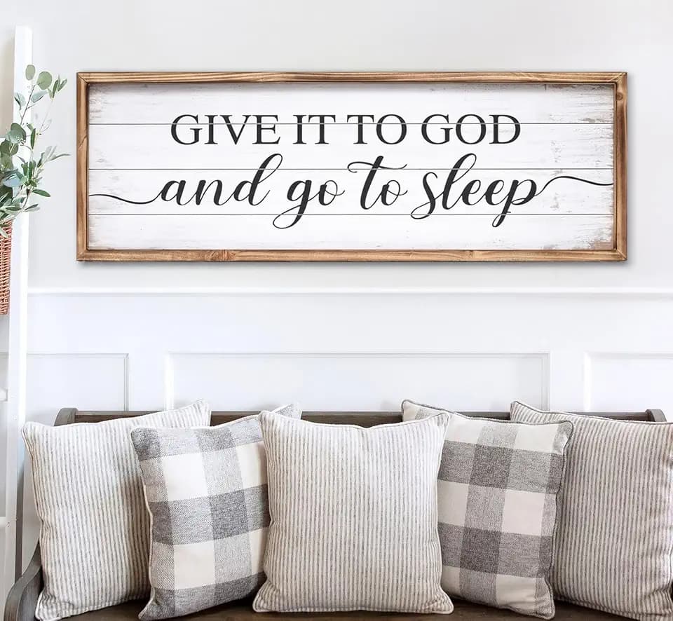 Give It to God and Go to Sleep Sign 42''×15'' Large Above Bed Wall Decor Farmhouse Bedroom Decor Wood Guest Room Decor Framed Wall Art Rustic Master Bedroom Wall Decoration