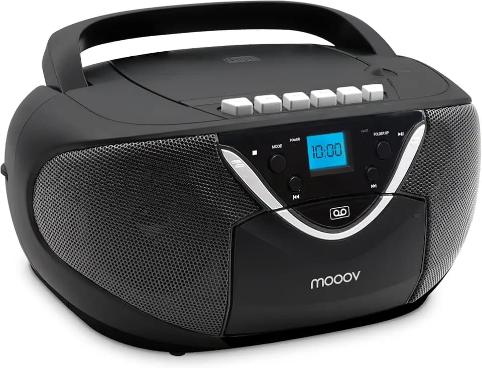 Metronic 477131 Tragbarer CD Player Kassettenspieler, Boombox mit FM Radio, AUX-IN, Kassettenrekorder, Netzstrom oder Batterien - Tragegriff - Schwarz