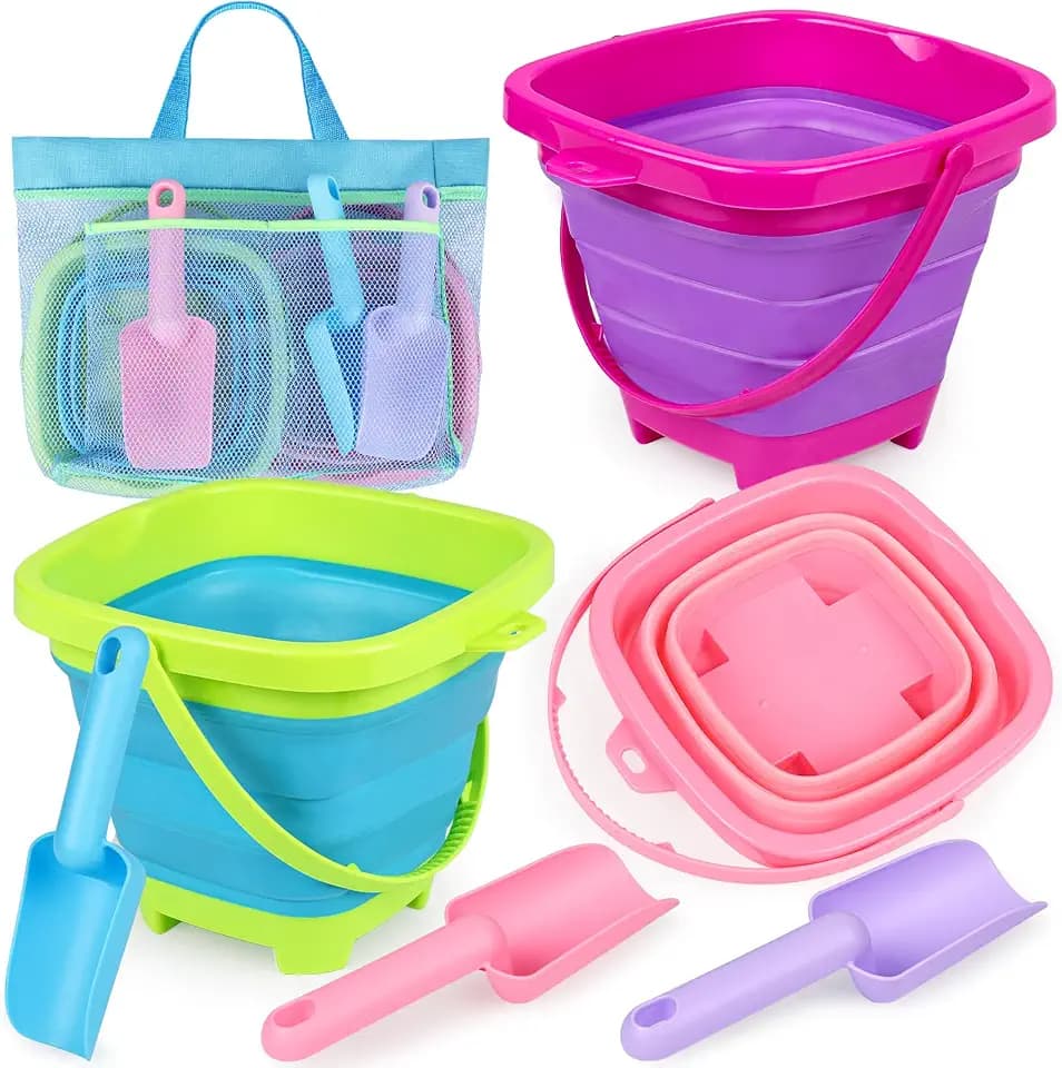 TSDATOWR Beach Toys, 3 Collapsible Buckets with Shovels for Kids Ages 3-12