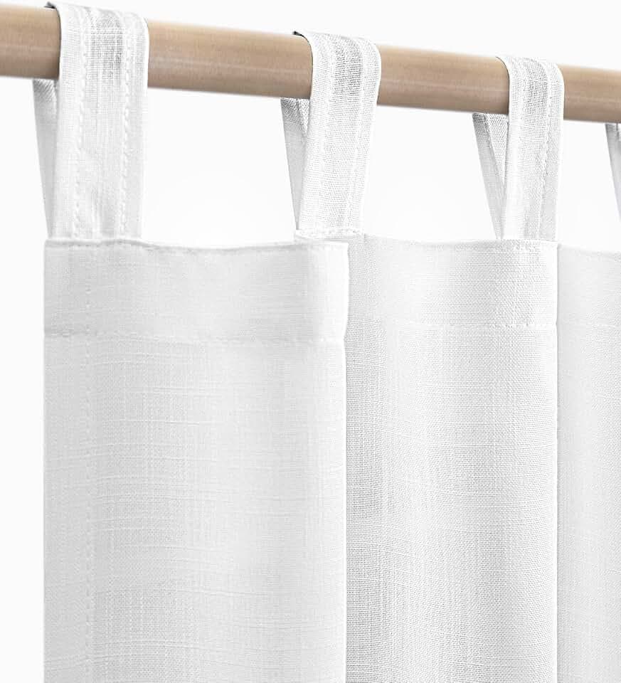 Solid White Curtains 63 Inch Length for Windows 2 Panels Tab Top Cloth Cotton Look Soft Linen Sheer Drapes Neutral Semi Transparent Translucent Curtain for Bedroom Living Room Kitchen Cottage 63 Long