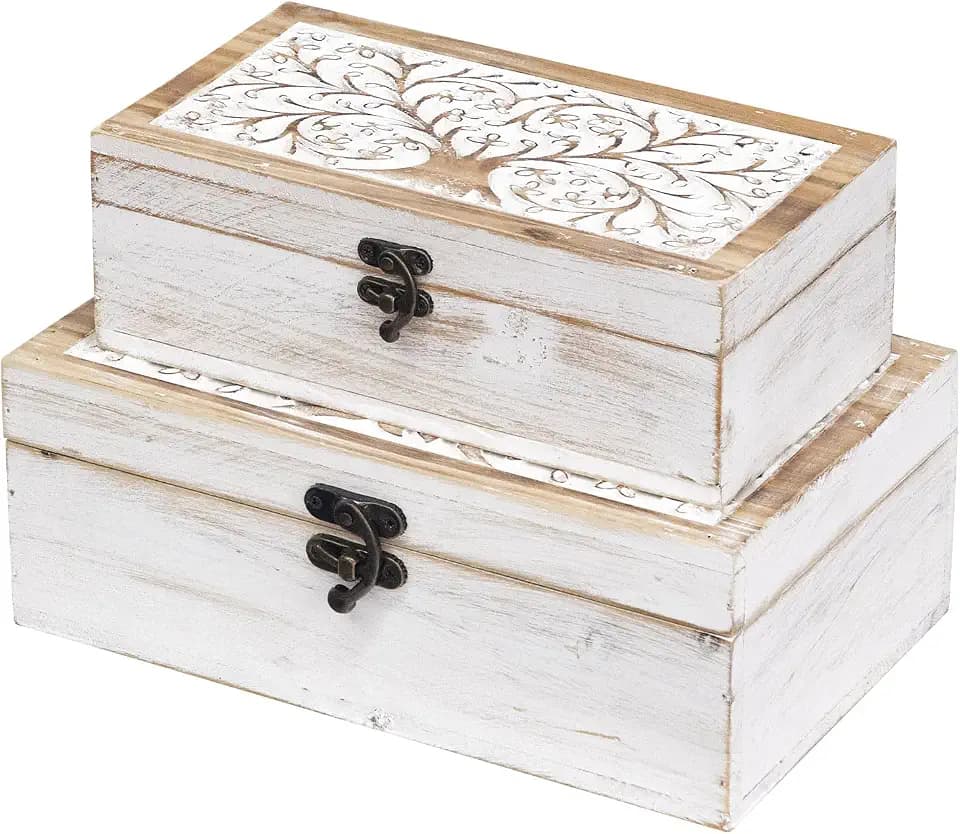 2 Piece Tree of Life Carved Wooden Keepsake Boxes with Lids, Decorative Storage Boxes for Home Decor, Trinket Box for Jewelry and Memorabilia