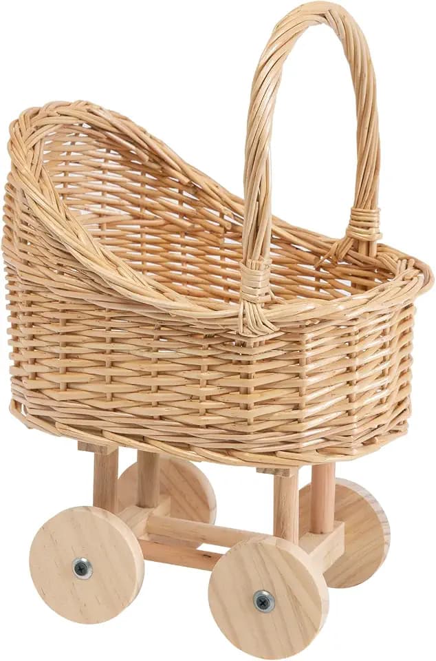 Vintage Woven Rattan Baby Carriage Basket – Handcrafted Wicker Stroller for Baby Shower, Flower Girl Basket, Baby Things, Rustic Home Decor, Photography Props, Floral Arrangements(Middle)