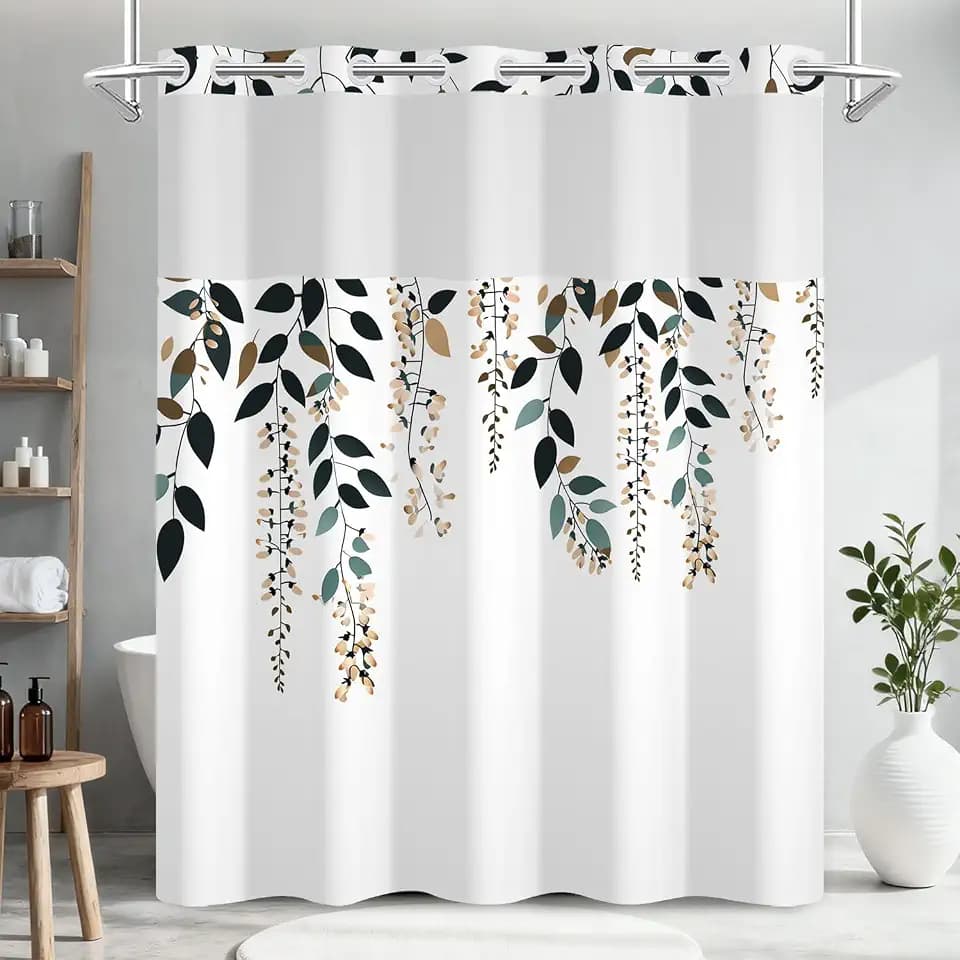Dark Green Eucalyptus Shower Curtain with Snap in Liner, Waterproof Fabric No Hook Shower Curtain with Mesh Top Window, Minimalist Leaves Botanical Nature Bathroom Curtains, Weighted Hem, 71x74 Inch