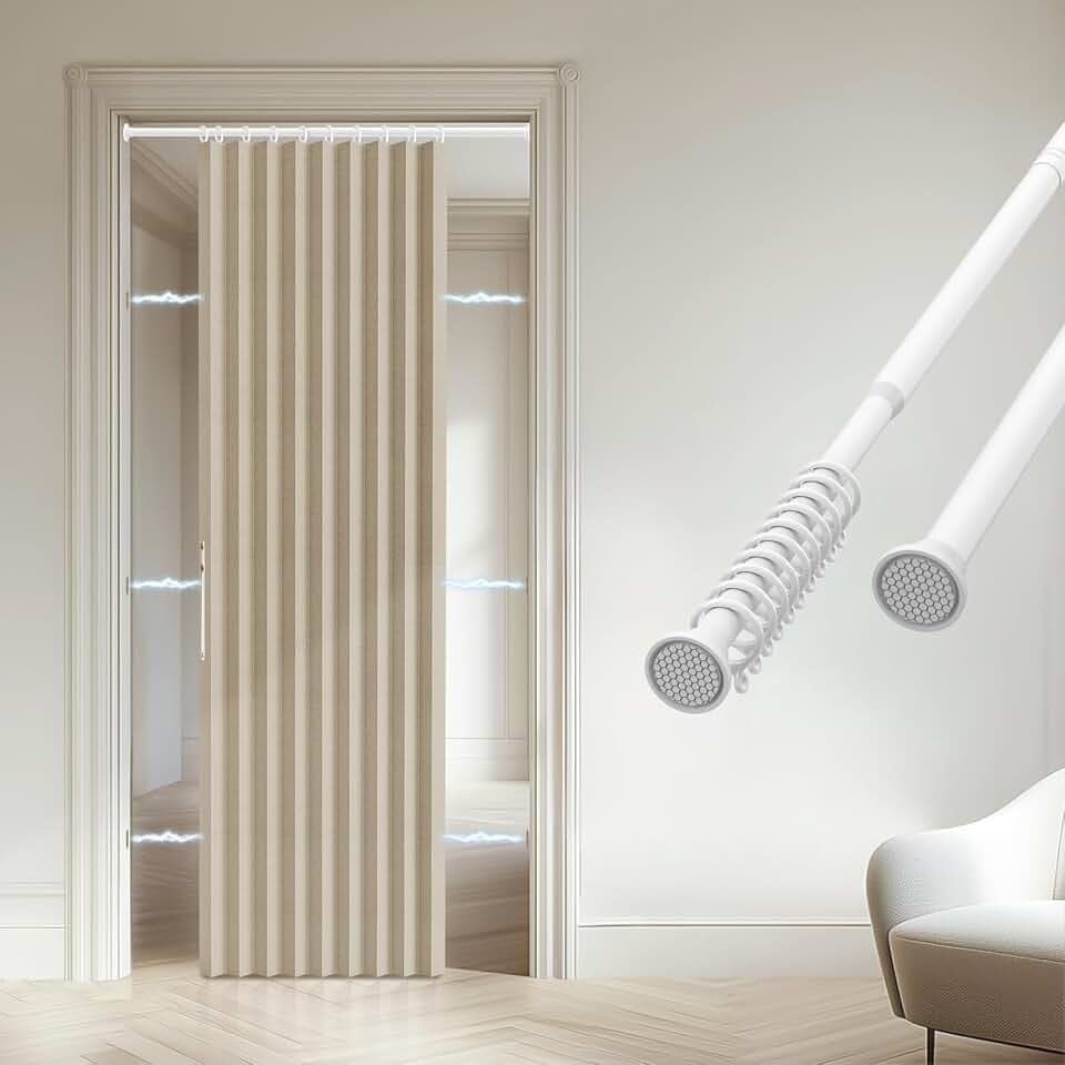 Accordion Door Curtain - 100% Light-Blocking Bedroom Door Curtain with Included Rod for Easy Installation, Suitable for Doorway Privacy Beige 43" W x 78" L