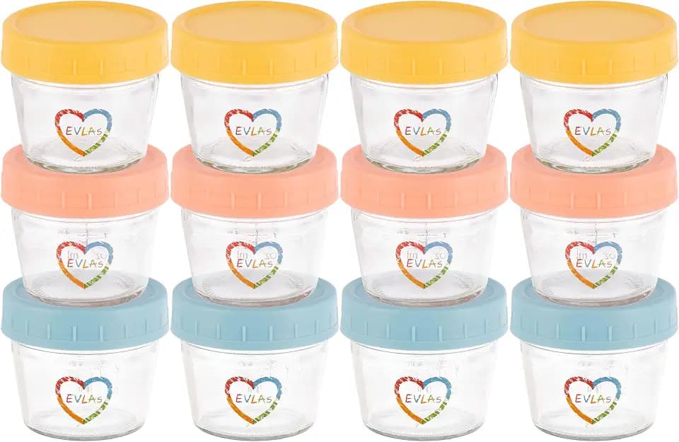 EVLA'S Baby Food Containers, 4oz Glass Jars with Lids, 12-Pack