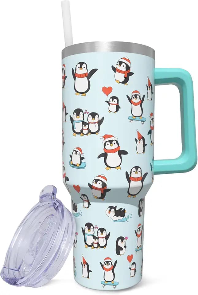 40 oz Tumbler With Handle and Straw, Stainless Steel Insulated Penguin Tumbler, Reusable Coffee Mug With Leak Proof Lid, Gifts for Women