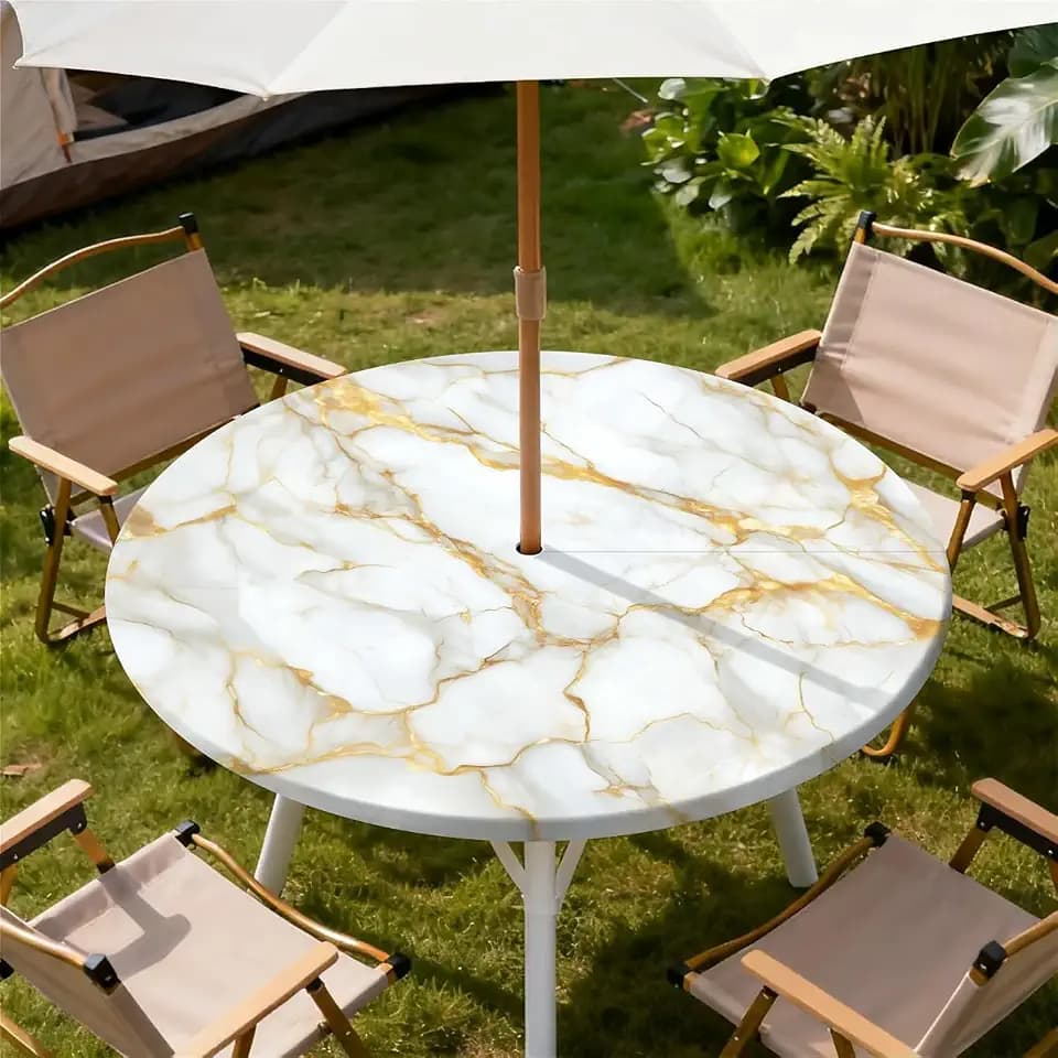 Round Outdoor Tablecloth with Umbrella Hole, Zippered Fitted Waterproof Tablecover with Elastic Edge Fits 45"-48" Round Tables for Patio Picnic Garden Camping Party, Gold White Marble Pattern