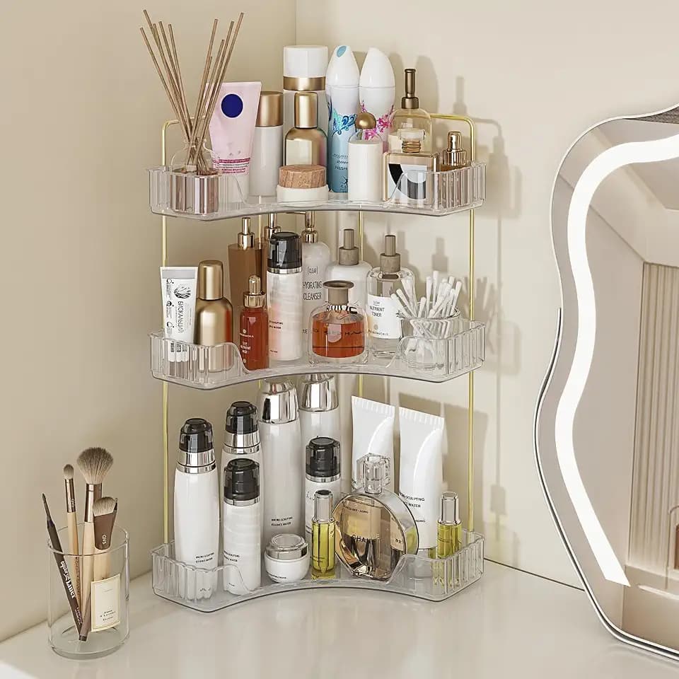 Webetop 3-Tier Corner Bathroom Counter Organizer, Gold Metal Frame, Clear
