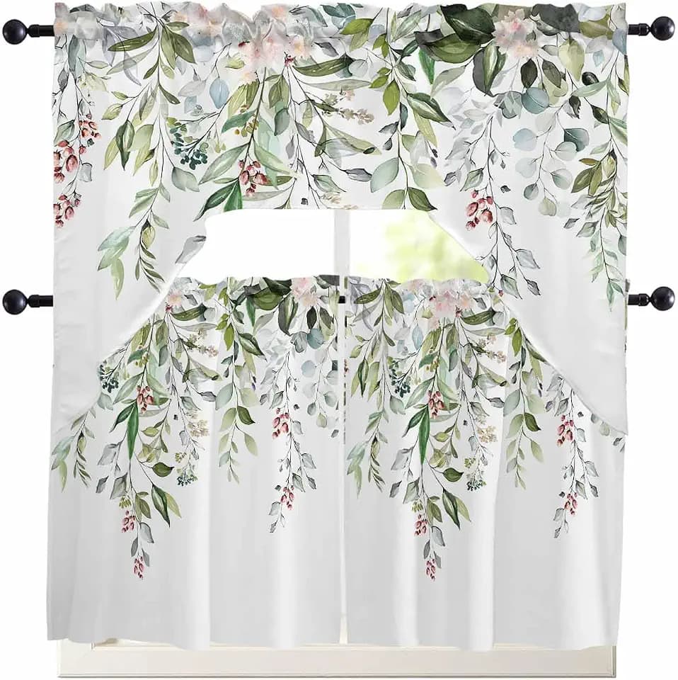 Spring Floral Swag Curtains Valance and Tier Set, Flowers Eucalyptus Leaves Rod Pocket Curtain Drapes for Bedroom Bathroom Over Sink Kitchen Curtains 3 Piece Set Swag Valances and 24 inches Tiers