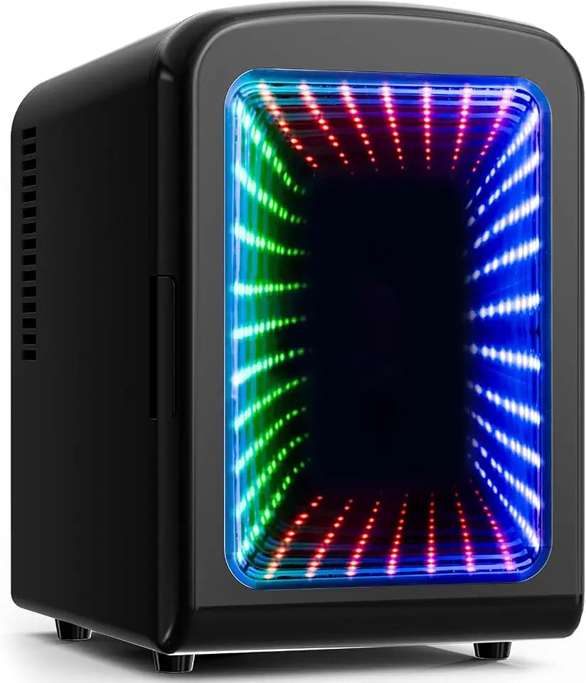 Electactic 4L Mini Fridge for Bedroom with LED Gaming Light, 110V AC/12V DC Mini Refrigerator for Home and Car, 6-Can Portable Fridge for Car,Gaming Room,Dorm,Food,Drinks,Cosmetics and Skincare,Black