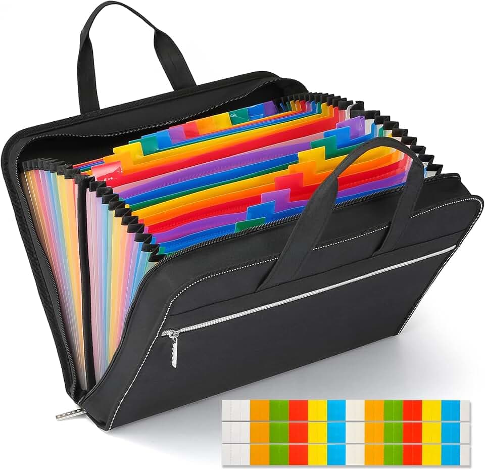 SEEKIND Heavy Duty Accordian File Organizer with Handle,26 Pockets Expandable File Folder, Portable Cloth Document Organizer Accordion File Keeper for Letter Size / A4 File, for Office, School-Black