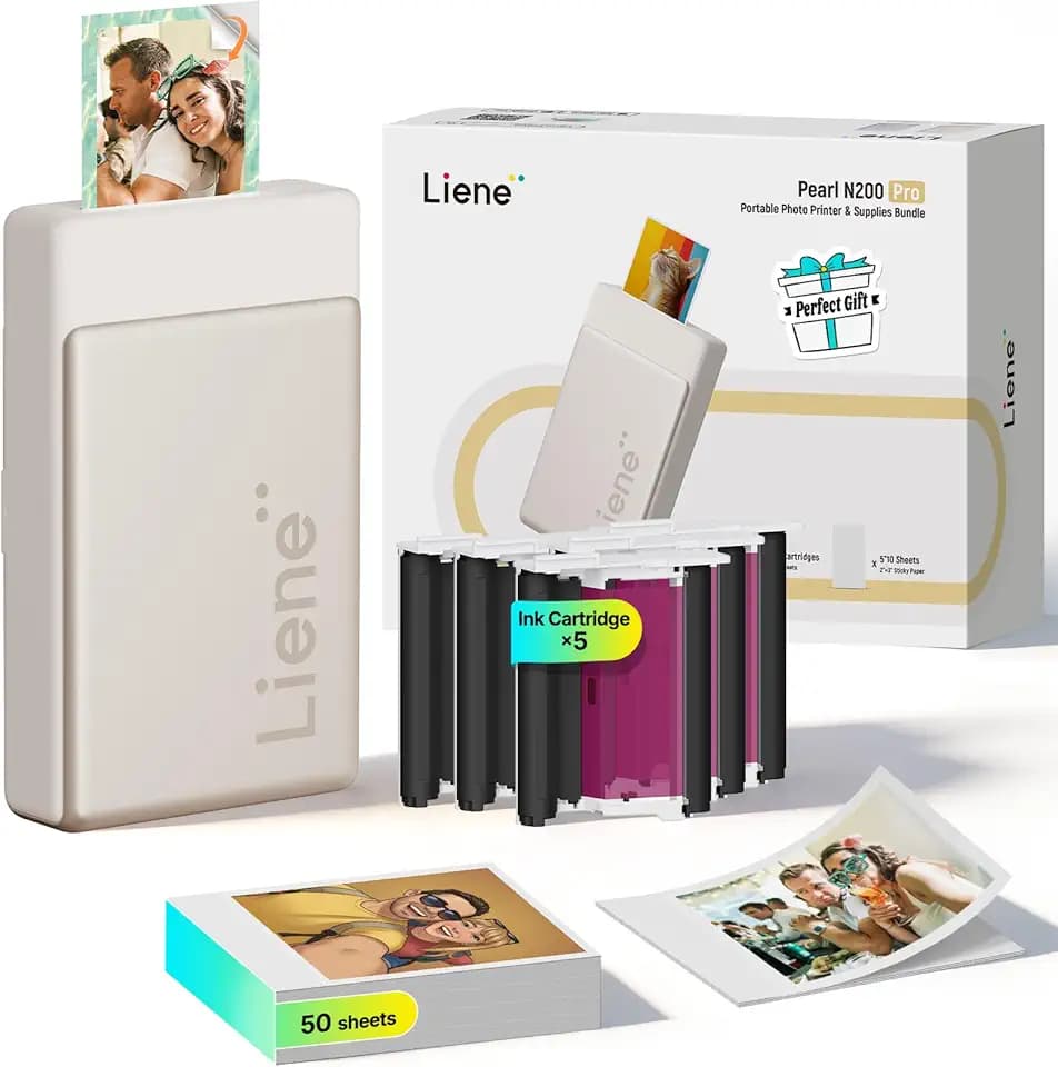Liene Pearl N200 Pro Tragbarer Mini Fotodrucker mit Farbsublimation – Inkl. 50 selbstklebende Fotos (5x7,6 cm) & 5 Farbbänder, Bluetooth, 300 dpi, Sofortbilddrucker für iPhone & Android, Akku, in Gold