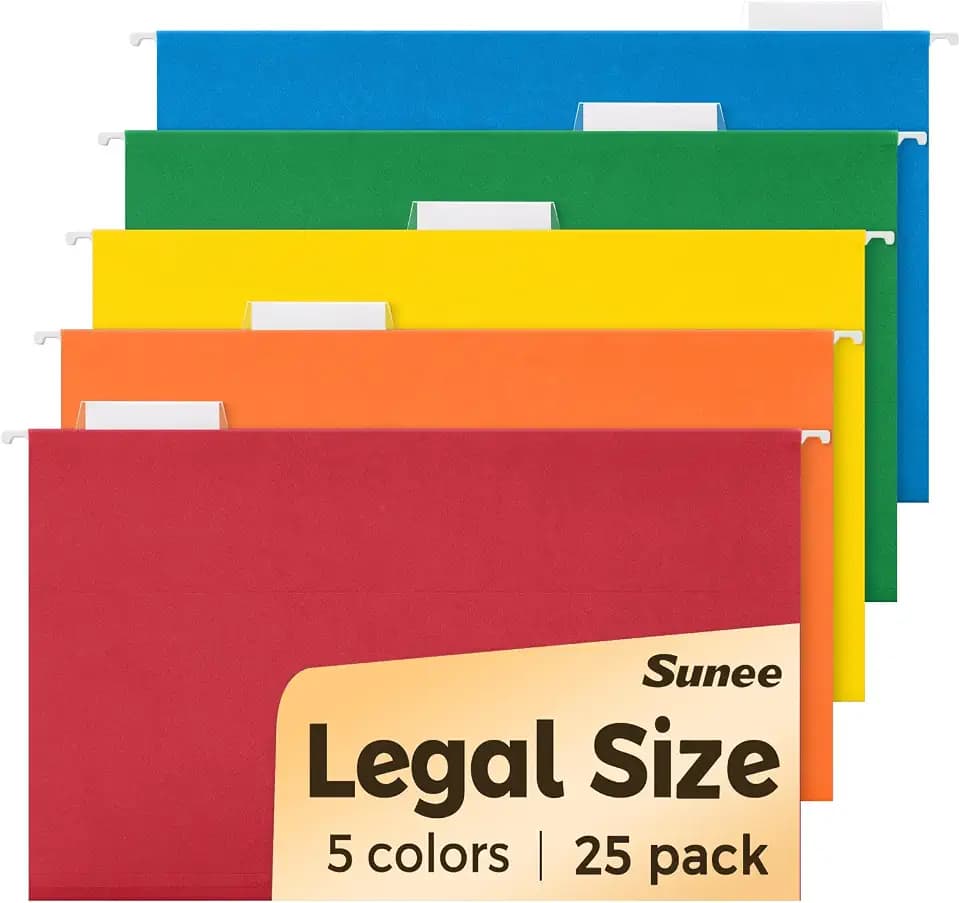SUNEE Legal Size Hanging File Folders (9.2"x14.8"), 25 Pack File Folders 1/5-Cut Tabs, Assorted Colors, Stay Organized for Your Home and Office Bulk File and Documents