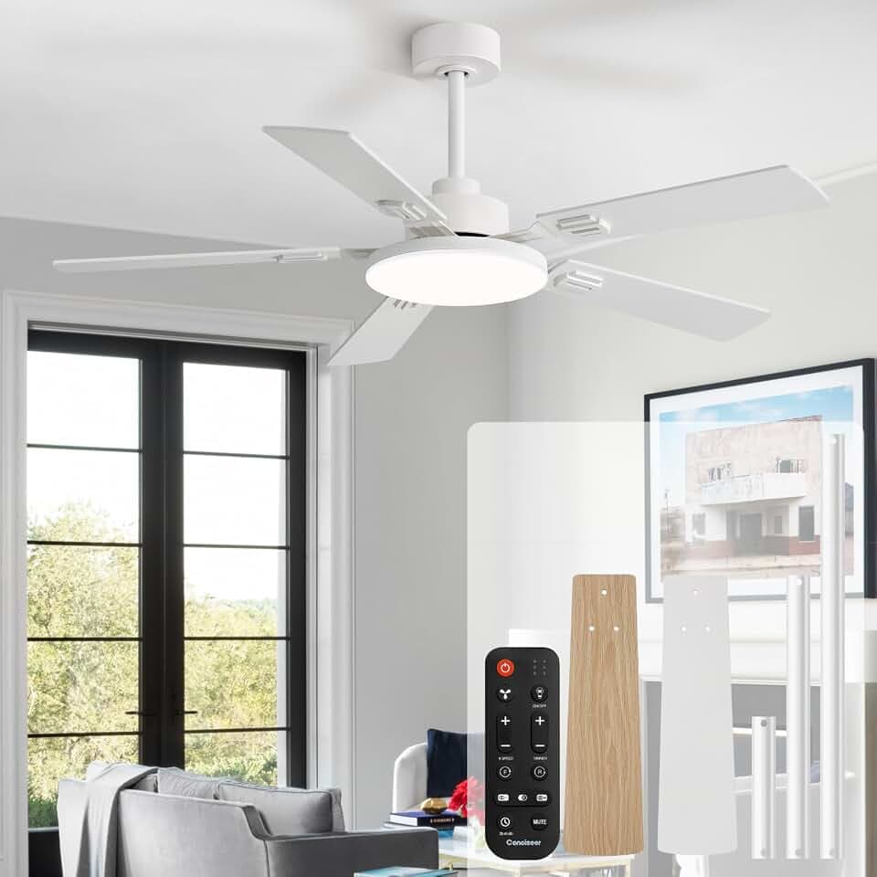 60 Inch Ceiling Fans with Lights and Remote, Bedroom Living Room Office Library Cafe Outdoor Industrial, 5CCT Dimmable, Dual Color 5 Blades, 6 Speed Reversible Quiet DC Motor, White/Wood Grain