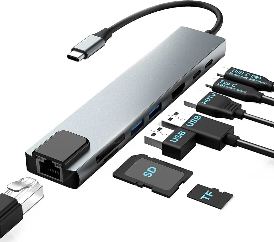 Moman Docking Station, USB C Hub 8 in 1 mit 100W PD, 4K@30Hz HDMI, 5Gbps USB 3.0, USB 2.0, USB C, RJ45 Ethernet, SD/TF Kartenleser für Maus, Tastatur, U Disk, Flash Drive, Mobile