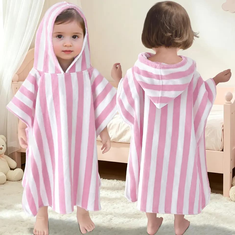 VOOVA & MOVAS Toddler Hooded Poncho Towel 1-3Y,100% Cotton, Pink Stripe