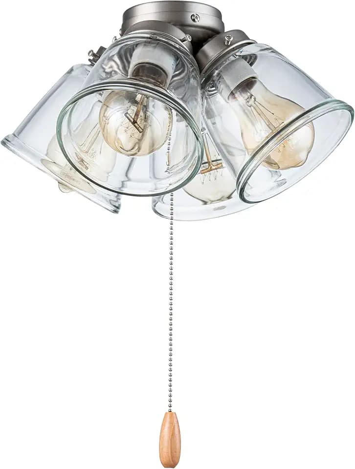 Aspen Creative 22016-1, Four-Light Ceiling Fan Light Kit with Pull Chain, Brushed Nickel Finish with Clear Glass Shades, 13-1/8" Diameter x 6-3/4" Height