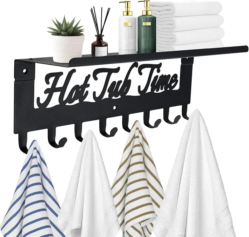IBosins Hot Tub Towel Rack with Shelf 8 Hooks Towel Holder Wall Mount Black