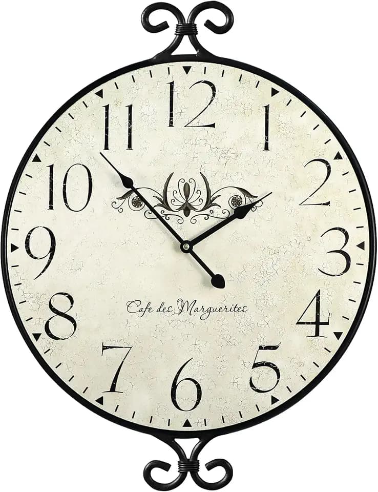 Farmhouse Wall Clock, 17H×13.4D Inch, Wrought Iron Frame with Warm Gray Finish, Vintage Wall Clock Silent Battery Operated Wall Clocks for Home Living Room Kitchen Bedroom